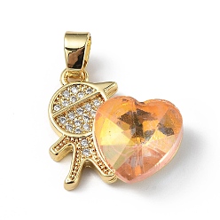 Sandy Brown Real 18K Gold Plated Rack Plating Brass Micro Pave Clear Cubic Zirconia Pendants, with Glass, Long-Lasting Plated, Cadmium Free & Lead Free, Boy with Heart Charm, Sandy Brown, 19.5x18x7.5mm, Hole: 5.5x3.5mm