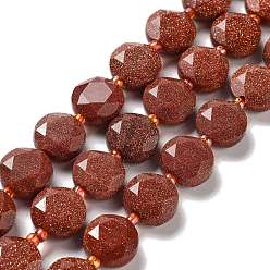 Goldstone Synthetic Goldstone Beads Strands, with Seed Beads, Faceted Hexagonal Cut, Flat Round, 12~12.5x5~6mm, Hole: 1.2~1.4mm, about 27~29pcs/strand, 15.55~15.75 inck(39.5~40cm)