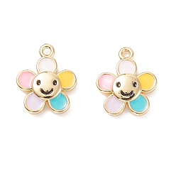 Real 18K Gold Plated Rack Plating Brass Enamel Charms, Cadmium Free & Lead Free, Flower with Smiling Face, Real 18K Gold Plated, 12x10x2mm, Hole: 1mm