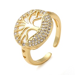 Real 16K Gold Plated Brass Micro Pave Cubic Zirconia Open Cuff Ring, Tree of Life, Real 16K Gold Plated, US Size 6(16.5mm)