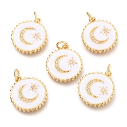 White Brass Micro Pave Clear Cubic Zirconia Pendants, Long-Lasting Plated, with Jump Rings & Enamel, Real 18K Gold Plated, Flat Round with Moon & Star, White, 18x16x2.5mm, Hole: 2.5mm