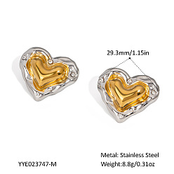 Настоящее золото 18K Двухцветное сердце 304 серьги-гвоздики из нержавеющей стали, реальный 18 k позолоченный, 29.3 мм