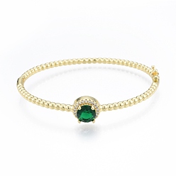 Green Cubic Zirconia Flat Round Hinged Bangle, Real 18K Gold Plated Brass Jewelry for Women, Green, Inner Diameter: 2x2-3/8 inch (5x5.9cm)