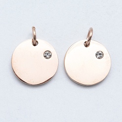 Real Rose Gold Plated 316 Surgical Stainless Steel Pendants, with Cubic Zirconia, Flat Round, Clear, Real Rose Gold Plated, 12x2mm, Hole: 3mm