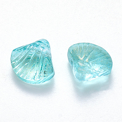 Turquoise Transparent Spray Painted Glass Beads, Top Drilled Beads, with Glitter Powder, Scallop Shape, Turquoise, 10x10.5x6mm, Hole: 1mm