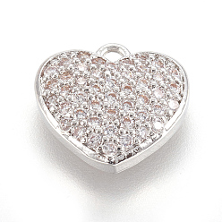 Platinum Brass Micro Pave Cubic Zirconia Charms, Heart, Clear, Platinum, 11.5x12x3mm, Hole: 1.2mm