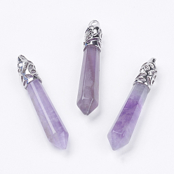 Amethyst Natural Amethyst Pointed Pendants, with Alloy Findings, Bullet, Platinum, Cadmium Free & Lead Free, 55~67x11mm, Hole: 5x4mm