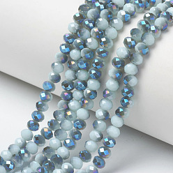 Light Blue Electroplate Opaque Solid Color Glass Beads Strands, Half Plated, Blue Plated, Faceted, Rondelle, Light Blue, 4x3mm, Hole: 0.4mm, about 123~127pcs/strand, 16.5~16.9 inch(42~43cm)
