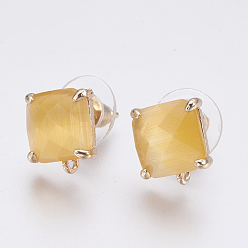 Gold Faceted Glass Stud Earring Findings, with Loop, Light Gold Plated Brass Findings, Square, Gold, 11x10x5mm, Hole: 1mm, Pin: 0.8mm
