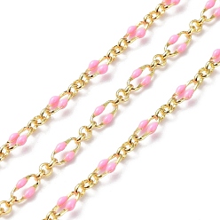 Pearl Pink Enamel Oval Link Chains, with Real 18K Gold Plated Brass Findings, Soldered, with Spool, Pearl Pink, 4x7x1mm