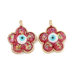 Индийский Красный Полупрозрачные подвески из смолы от сглаза, стойка с латунными цветочными подвесками с золотой фольгой, реальный 18 k позолоченный, долговечный, без кадмия и без свинца, Индийская красная, 17x14x5.5 мм, отверстие : 1.5 мм