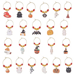 Mixed Color Halloween Alloy Enamel Wine Glass Charms, with Acrylic Beads, Mixed Shapes, Mixed Color, 42~61x24~25mm, 20pcs/set