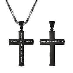 Gunmetal Titanium Steel Cross with Philippians 4:13 Pendant Necklace, Religion Jewelry for Men Women, Gunmetal, 23.62 inch(60cm)