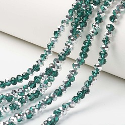 Teal Electroplate Transparent Glass Beads Strands, Half Silver Plated, Faceted, Rondelle, Teal, 6x5mm, Hole: 1mm, about 92~94pcs/strand, 17~17.5 inch(42.5~43.75cm)