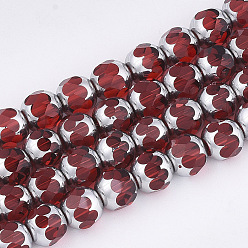 Red Electroplate Glass Beads Strands, Half Silver Plated, Faceted, Round, Red, 8~8.5x7~8mm, Hole: 1mm, about 40pcs/strand, 11.8 inch