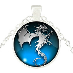 Silver Blue Dragon Theme Glass Flat Round Pendant Necklace with Alloy Chains, Silver, 27.56 inch(70cm)