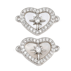 Platino Dijes de conector de zirconia cúbica transparente con micro pavé de latón, corazón con enlaces de la estrella polar, con cáscara natural, chapado en rack, larga duración plateado, Platino, 10x3x15 mm, agujero: 0.8 mm