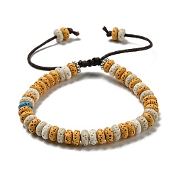 Verge D'or Bracelet de perles tressées réglable en pierre de lave naturelle teint en disque, avec les accessoires en pvc, verge d'or, diamètre intérieur: 2-1/8~3-3/8 pouce (5.3~8.5 cm)