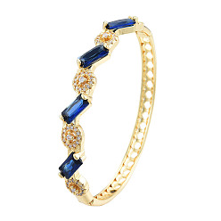 Medium Blue Cubic Zirconia Rectangle & Evil Eye Hinged Bangle, Real 18K Gold Plated Brass Jewelry for Women, Medium Blue, Inner Diameter: 2x2-1/2 inch(5x6.2cm)