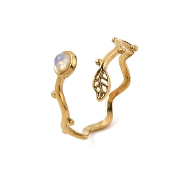 Opalite 304 Stainless Steel Cuff Open Rings for Women, Leaf, with Synthetic Opalite, Ion Plating(IP), Golden, 12mm, US Size 7 1/2(17.7mm)