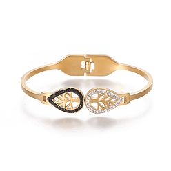 Golden 304 Stainless Steel Bangles, with Polymer Clay Rhinestone, Teardrop with Tree, Golden, 61x47.5mm