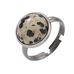 Далматинских Джаспер Полукруглые перстни из натуральной далматинской яшмы, 304 регулируемые кольца из нержавеющей стали для женщин, круглый : 14 мм, размер США 7 1/4 (17.5 мм)