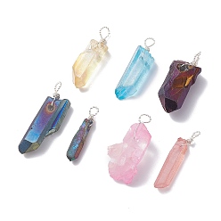 Mixed Color Electroplated Natural Quartz Pendants, with Silver Tone Copper Wire Wrapped, Nuggets, Mixed Color, 25~35x4~12x4.5~16mm, Hole: 3.4~4.4mm