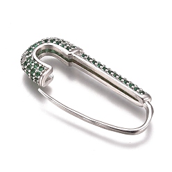 Verde Pendientes de aro de latón, con diamante de imitación, forma de pasador de seguridad, Platino, verde, 26~26.5x10~11x3 mm, pin: 0.8 mm
