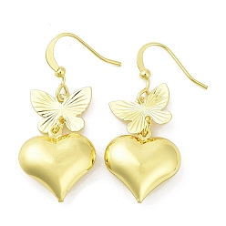 Real 18K Gold Plated Rack Plating Brass Dnagle Earrings, Heart with Butterfly, Long-Lasting Plated, Real 18K Gold Plated, 38x16mm