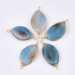 Deep Sky Blue Natural Agate Wire Wrapped Links connectors, with Iron Wire, Dyed, Oval, Golden, Deep Sky Blue, 45~60x20~30x5~8mm, Hole: 4mm