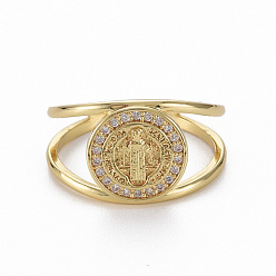 Real 16K Gold Plated Brass Micro Pave Clear Cubic Zirconia Cuff Rings, Open Rings, Nickel Free, Flat Round with Jesus, Real 16K Gold Plated, US Size 8(18.1mm)