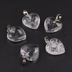 Quartz Crystal Natural Quartz Crystal Pendants, Rock Crystal Pendants, Heart, with Brass Findings, Platinum, 22~23x20~20.5x6~7.5mm, Hole: 5x8mm