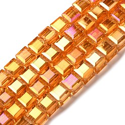 Темно-Оранжевый Стеклянные бусины с гальваническим покрытием , кубические, AB цвет, граненые, темно-оранжевый, 7x7x7 мм, отверстие : 1.4 мм, около 99 шт / нитка, 27.44'' (69.7 см)