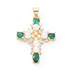 Sea Green Brass Pave Cubic Zirconia with ABS Plastic Imitation Pearl Pendants, Real 18K Gold Plated, Cross, Sea Green, 31x23.5x5mm, Hole: 3.5x4.5mm
