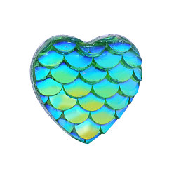 Turquoise Resin Cabochons, Heart with Mermaid Fish Scale, Turquoise, 12x12x3mm