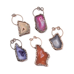 Mixed Color Natural Dyed Druzy Agate Big Pendants, with Red Copper Tone Brass Findings and Jump Rings, Cadmium Free & Lead Free, Polygon, Mixed Color, 57.5~77x29~45x6~8mm, Hole: 6mm