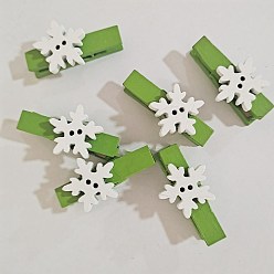 Lime Green Wooden Clothes Pins, Christmas Theme, Snowflake Pattern, for Hanging Note, Photo, Clothes, Office School Supplies, Lime Green & White, 35x7mm