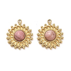 Rhodonite 304 Stainless Steel Pave Natural Rhodonite Pendants, Sun Charms, Real 14K Gold Plated, 17.5x15x5mm, Hole: 1.4mm