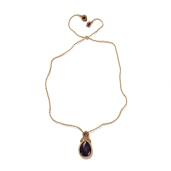 Amethyst Natural Amethyst Teardrop Pendant Necklace, Adjustable Braided Wax String Choker Necklace, 31.89 inch(81cm)