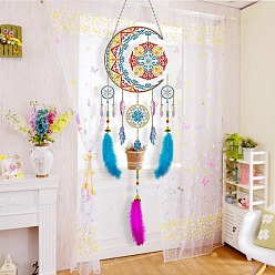 Moon DIY Diamond Painting Web with Feather Wind Chime Kits, Including Resin Rhinestones, Diamond Sticky Pen, Tray Plate and Glue Clay, Moon, Pendant: 545~580mm