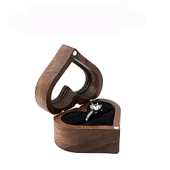 Black Wooden Love Heart Ring Storage Boxes, with Magnetic Clasps & Velvet Inside, Black, 6.5x6x3.5cm