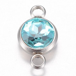 Aquamarine Glass Links connectors, Faceted, with 304 Stainless Steel Findings, Flat Round, Stainless Steel Color, Aquamarine, 17.5x10x6.5mm, Hole: 2.5mm