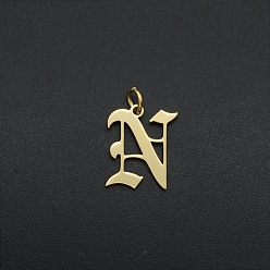 Letter N 201 Stainless Steel Pendants, with Jump Ring, Old English, Letter, Laser Cut, Golden, Letter.N, 15.5x13x1mm, Hole: 3mm