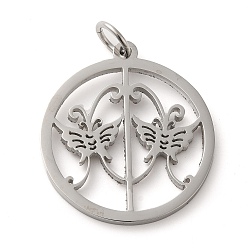 Butterfly 304 Stainless Steel Pendants, with Jump Ring, Flat Round, Stainless Steel Color, Butterfly, 33x29.5x2mm, Hole: 5.5mm