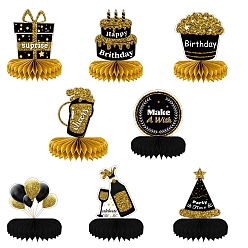 Noir 8 pcs 8 style coffret cadeau & gâteau & chapeau thème d'anniversaire 3 d ventilateurs en papier, décorations de centre de table en nid d'abeille pour la décoration de la maison du festival de fête, noir, 150~220x150mm, 1 pc / style