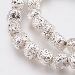 Silver Plated Electroplate Natural Lava Rock Beads Strands, Long-Lasting Plated, Nuggets, Bumpy, Silver Plated, 8~12.5x9.5~11x7~8mm, Hole: 1.2mm, about 40pcs/strand, 14.96 inch(38cm)
