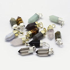Mixed Stone Natural Gemstone Pointed Pendants, Brass Findings, Long-Lasting Plated, Bullet, 19~20x6.5~7mm, Hole: 3.5x6mm