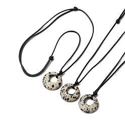 Далматинских Джаспер Кольцо натуральный далматинский яшма кулон черный вощеный шнур регулируемые ожерелья, 14.96~29.53 дюйм (38~75 см)