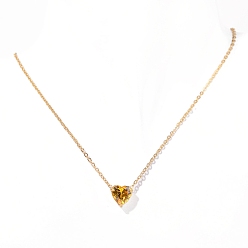 Желтый Нержавеющая сталь паве кубический цирконий сердце кулон кабель цепь ожерелья для женщин, золотые, желтые, 15.75 дюйм (40 см)