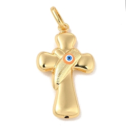 Orange Brass Pendants, with Enamel, Real 18K Gold Plated, Long-Lasting Plated, Cross with Evil Eye Charm, Orange, 40x26x7mm, Hole: 10x7mm